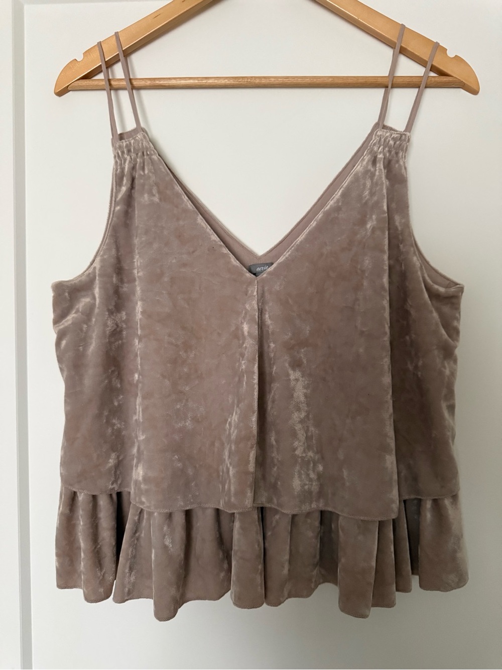 aerie Velvet Ruffle-Hem Spaghetti Strap Tank Top - Taupe